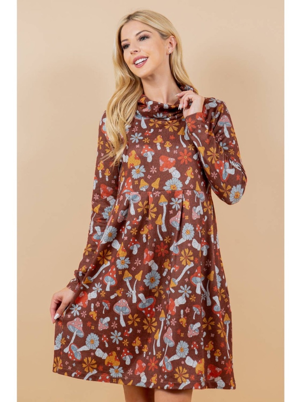 NWT Cowl Neck Long Sleeve Floral & Mushroom Dress - Brown